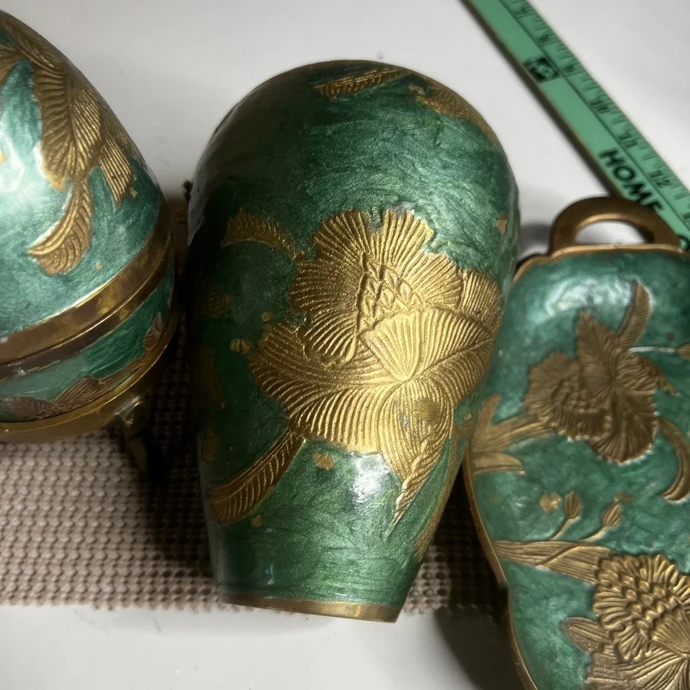 Vintage Brass Green Enamel Floral Set Egg Trinket Box Vase and Scalloped Tray